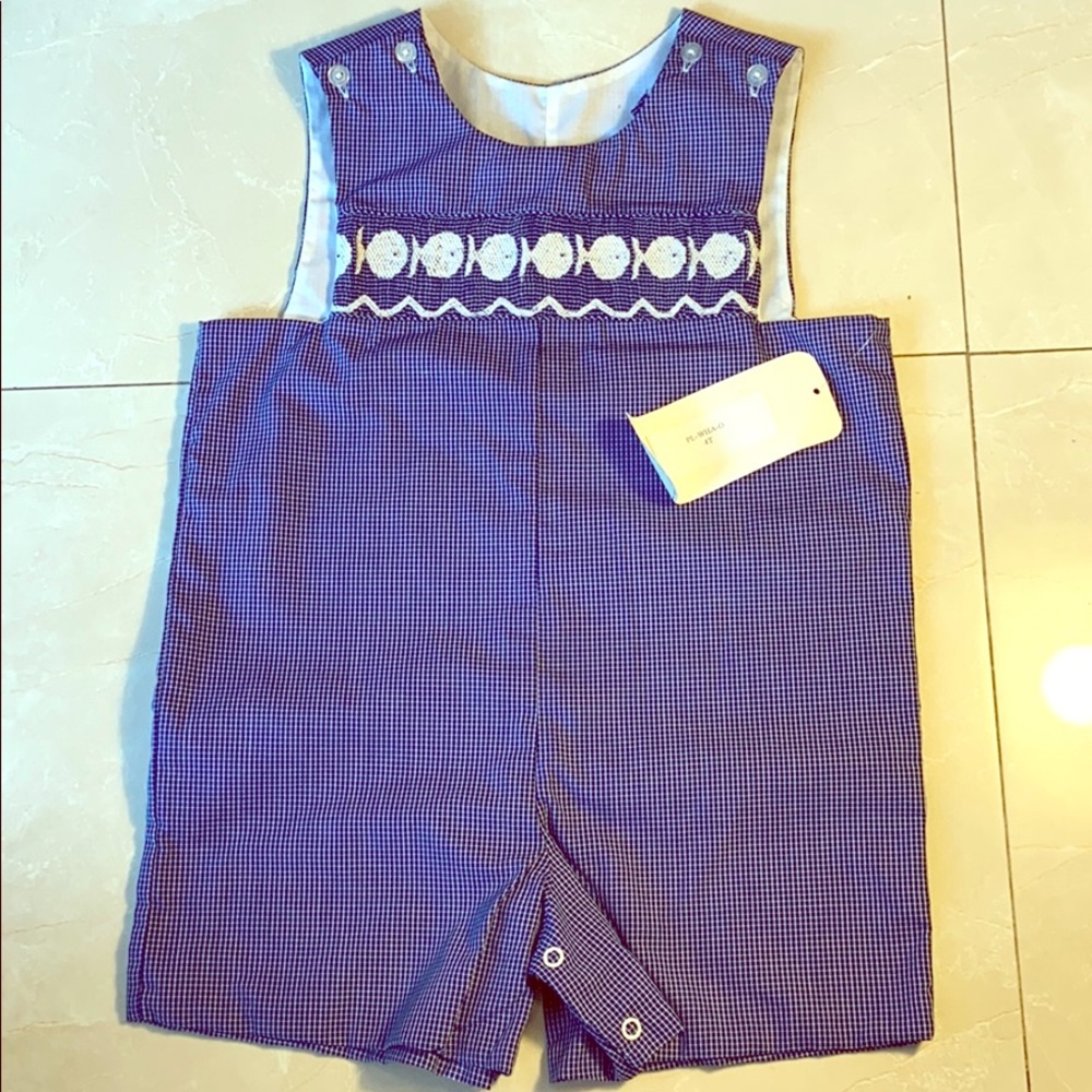 NWT Boys 4T smocked fish shortall blue/wh gingham